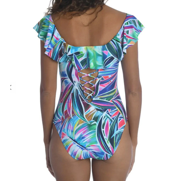 La Blanca Women's Palm Off Shoulder Ruffle One Piece Swimsuit Blue 10 NWT - Picture 3 of 7